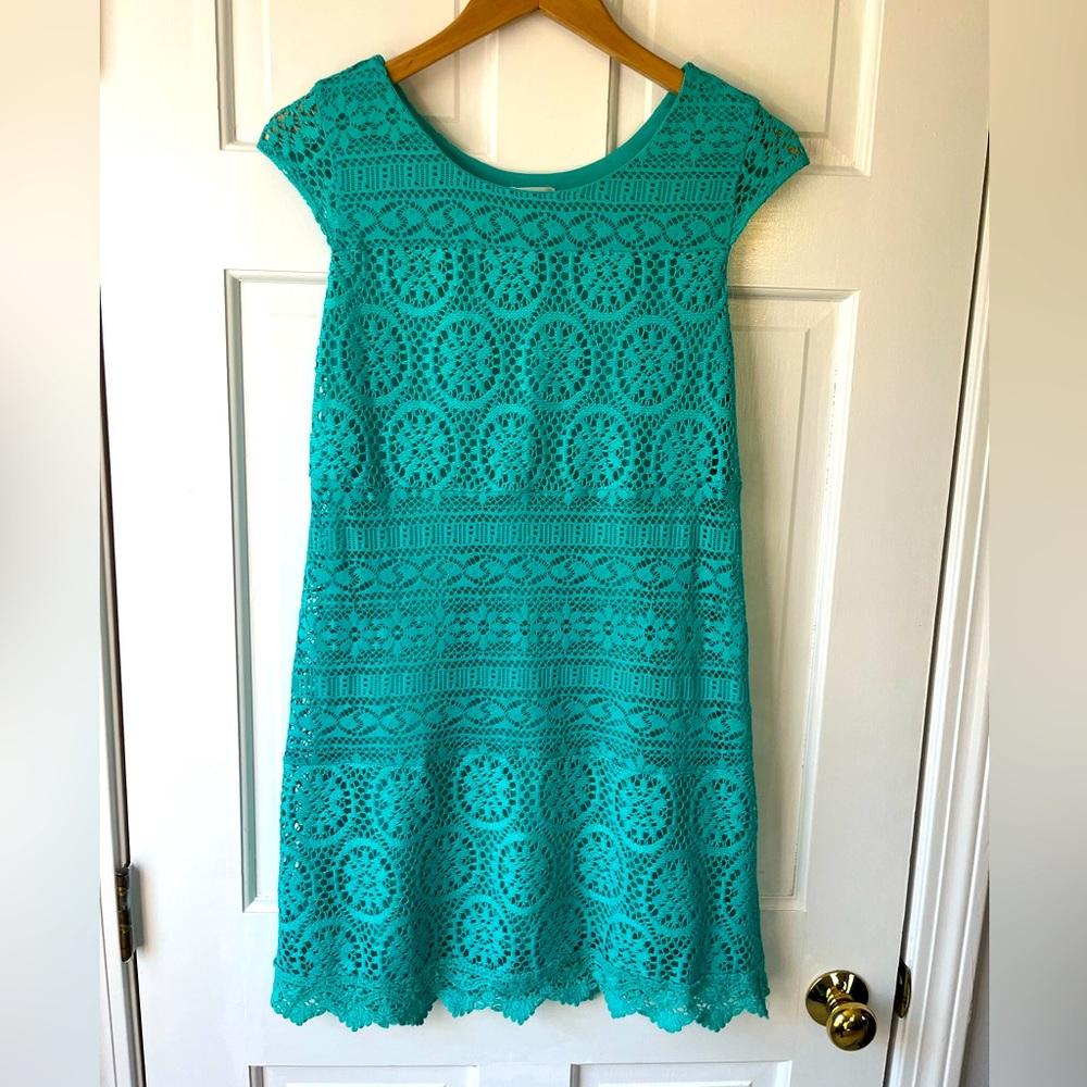 Crocheted teal mini dress